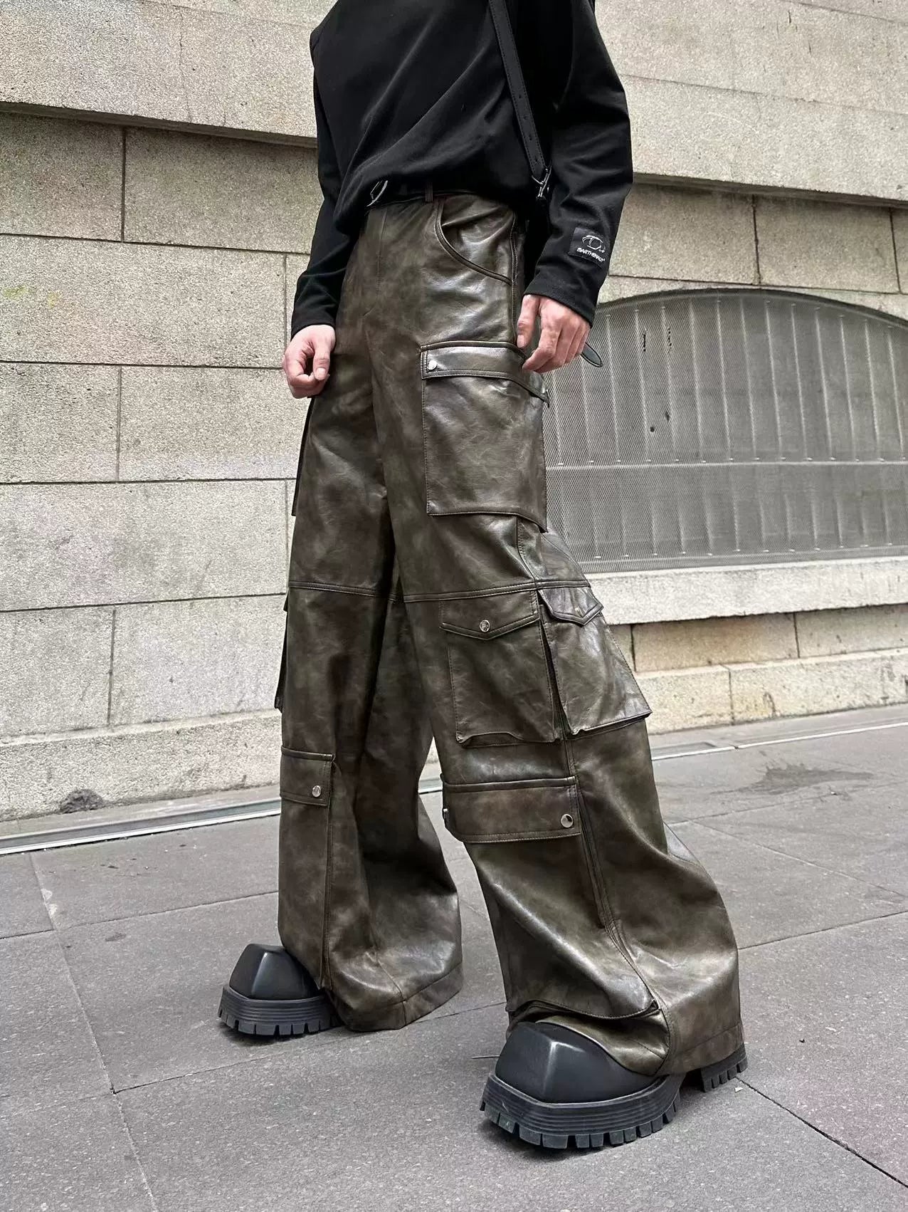 MARTHENAUT Niche Design Maillard Wide-Leg Flared Cargo PU Leather Pants  Wasteland Loose Drag Trousers