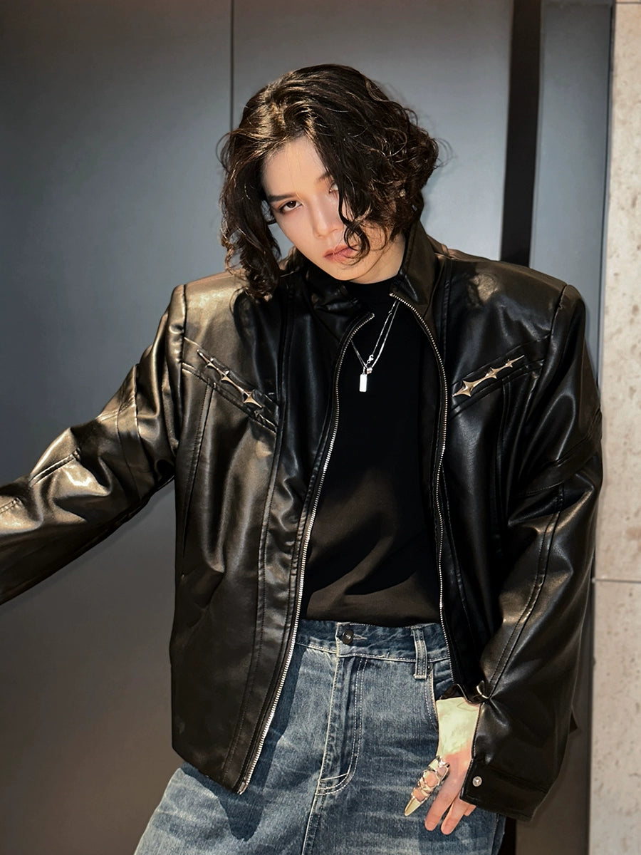 Fei luxury sense deconstructed cropped casual biker leather jacket met