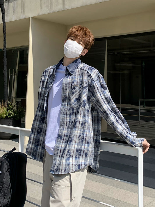 White Mouth Yang [Songye College] American distressed corduroy plaid shirt casual loose and versatile long-sleeved shirt