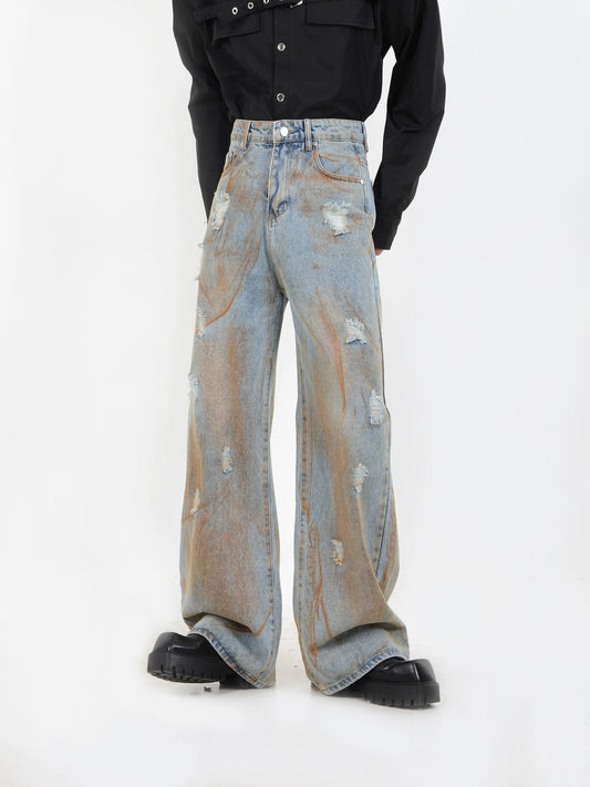 LUCE GARMENT Niche vintage distressed frayed jeans with loose straight tie-dye clay wide-leg mop pants
