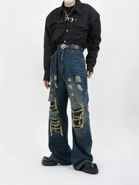LUCE GARMENT NICHE MUD STAINED WASH DESTRUCTION DISTRESSED FRONT AND BACK JEANS LOOSE WIDE-LEG MOP PANTS MEN