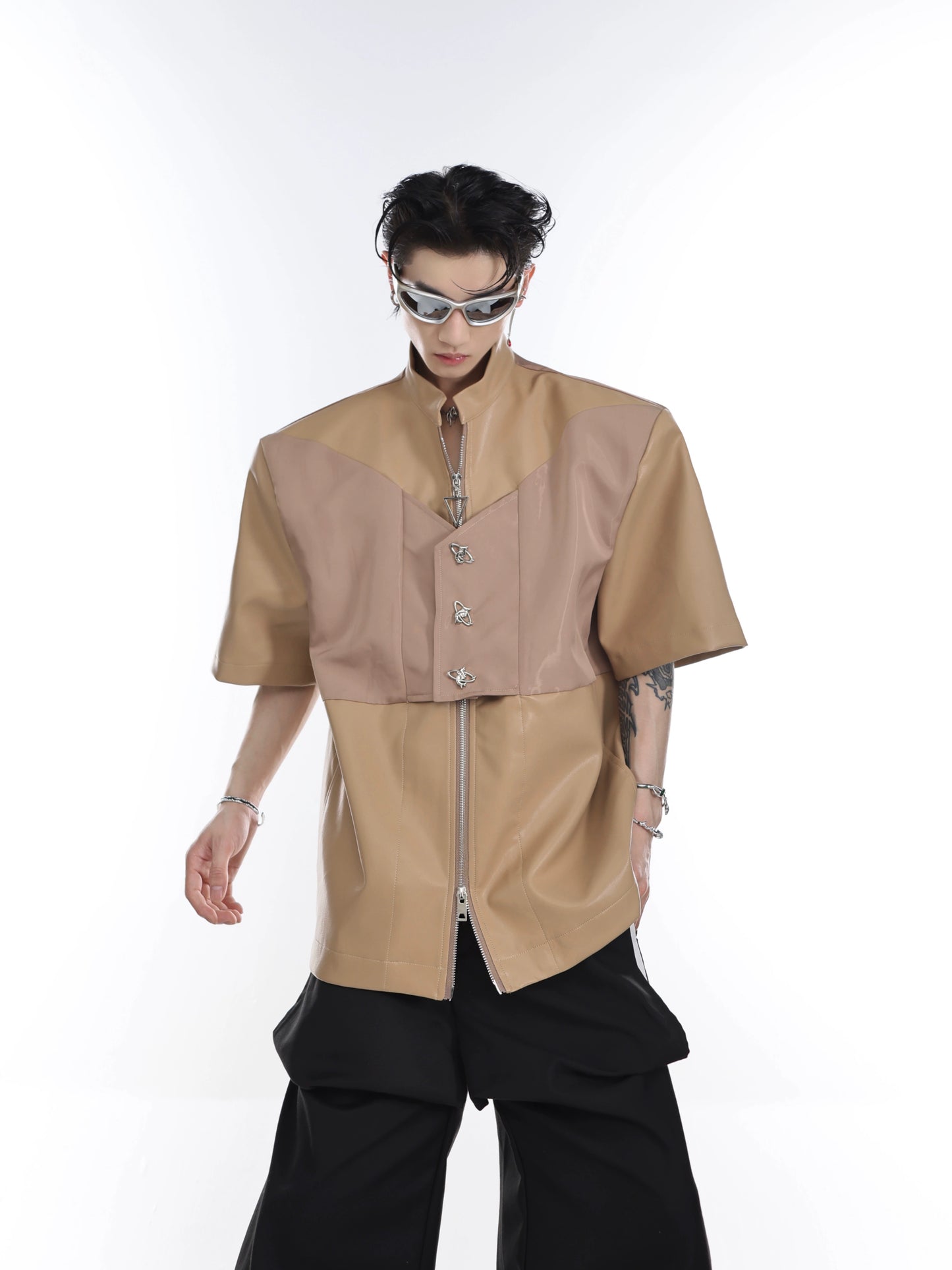 CulturE niche deconstructed liquid stitching Pu leather shoulder pad short-sleeved jacket metal button design top coat