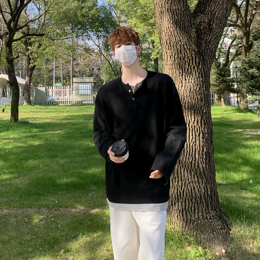 Bai Kouyang [Cloud Forest] Korean version of the splicing fake two-piece undershirt casual loose and versatile long-sleeved T-shirt men