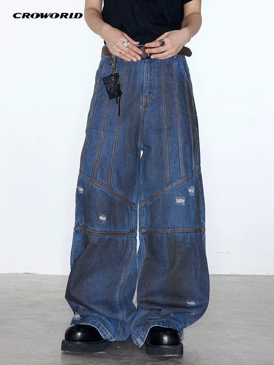 CROWORLD DISTRESSED DIRTY TROUSERS, WASHED RIPPED DENIM TROUSERS, LOOSE SILHOUETTE, STRAIGHT-LEG TROUSERS, UNISEX