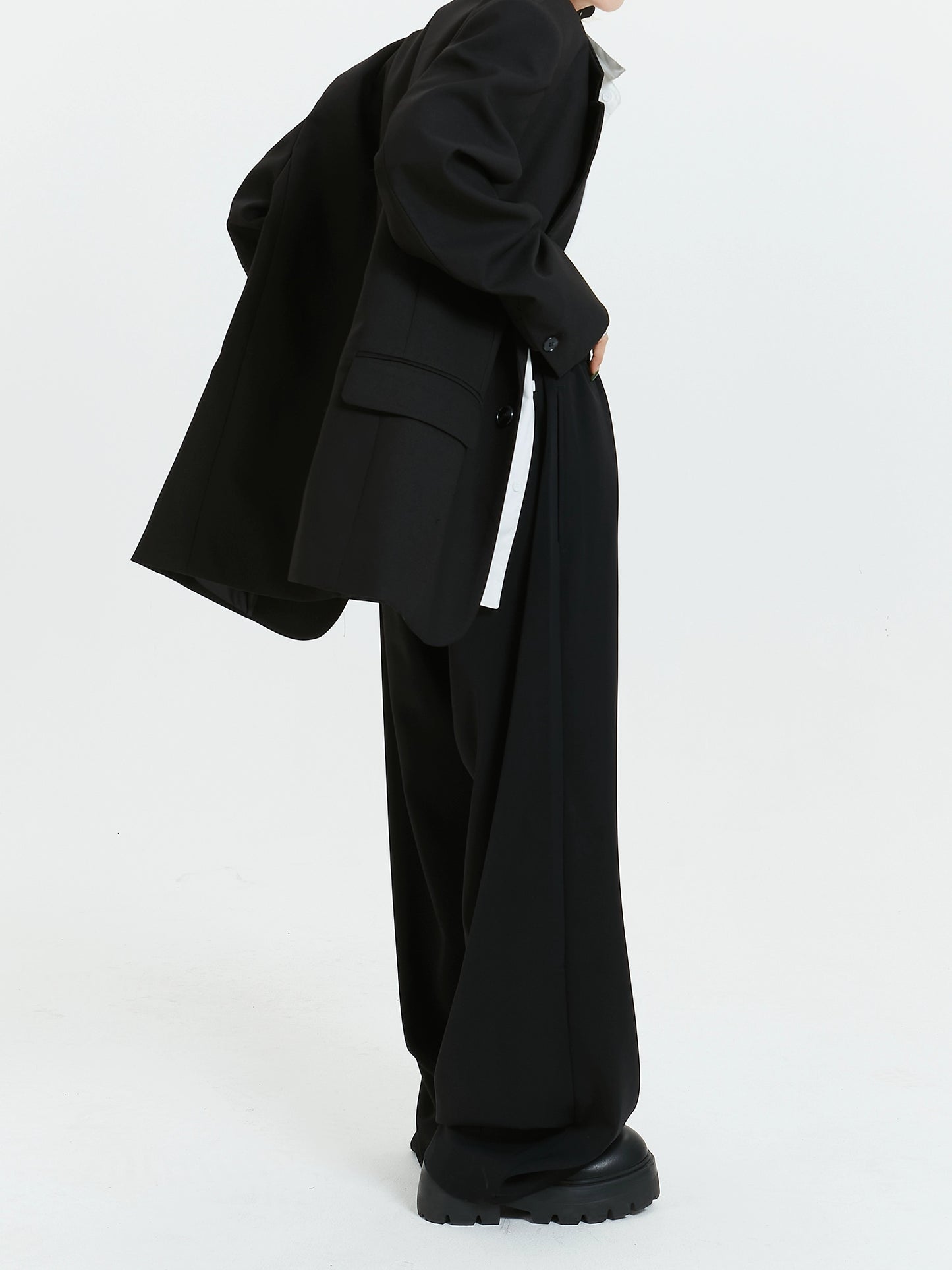 MICHINNYON black/grey casual elastic waistband straight loose fit versatile trousers drape simple suit pants trend