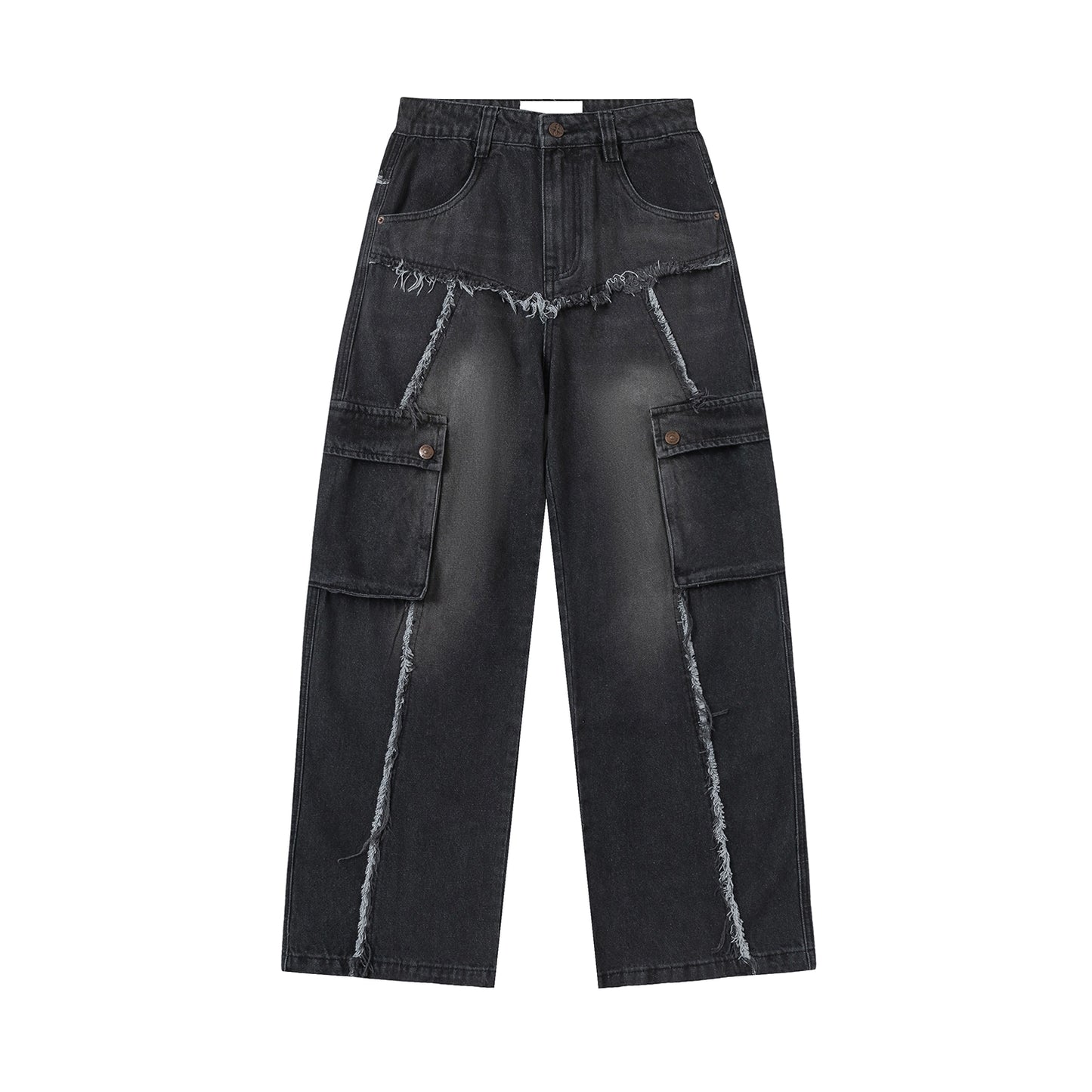 MICHINNYON American vintage niche patchwork frayed frayed cargo multi-pocket loose straight-leg wide-leg jeans