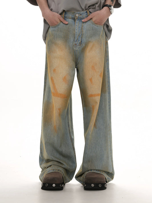GIBBYCNA New Wasteland Dirty Muddy Distressed Jeans Men's Trend Retro Loose Straight Dirty Pants