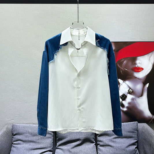 2024 design sense niche shirt men's spring new denim stitching contrast versatile casual loose long-sleeved shirt