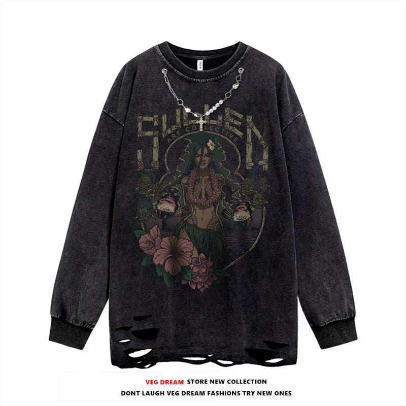 VEG Dream American Dark Tide Brand Washed Distressed Hole Men's and Women's Sweatshirts INS National Trend Niche Couple Tops