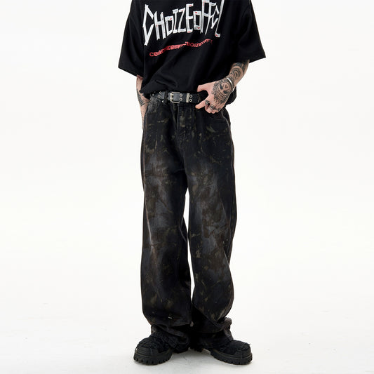 Mr. Black, Dirty, Stained, Distressed, Graffit, Heavyweight, Niche Design, Dirtyfit, Wide-legged Jeans, Straight Leg Trousers, Men