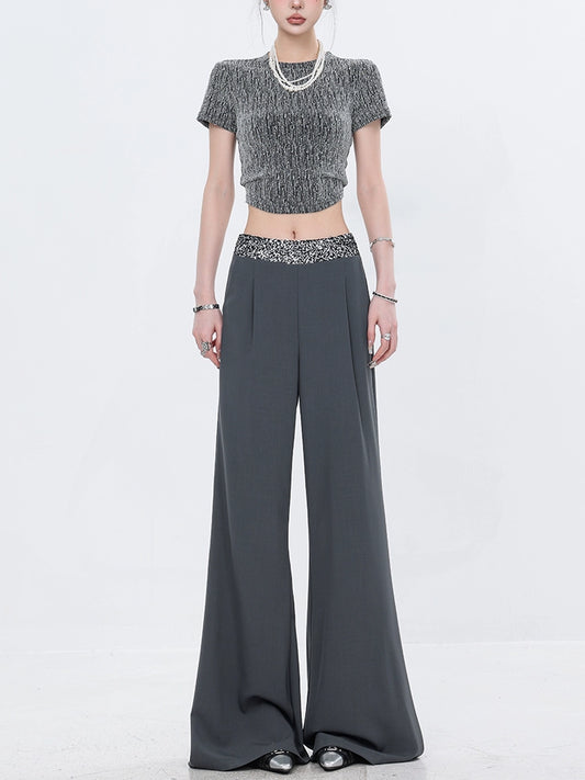 ABWEAR original sequin stitching draped gray suit pants women's summer new loose and thin wide-leg flared pants