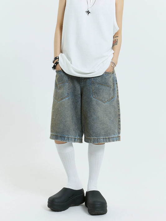 MICHINNYON washed blue front pocket plastered rustic fashionable boygy cropped shorts men's and women's loose