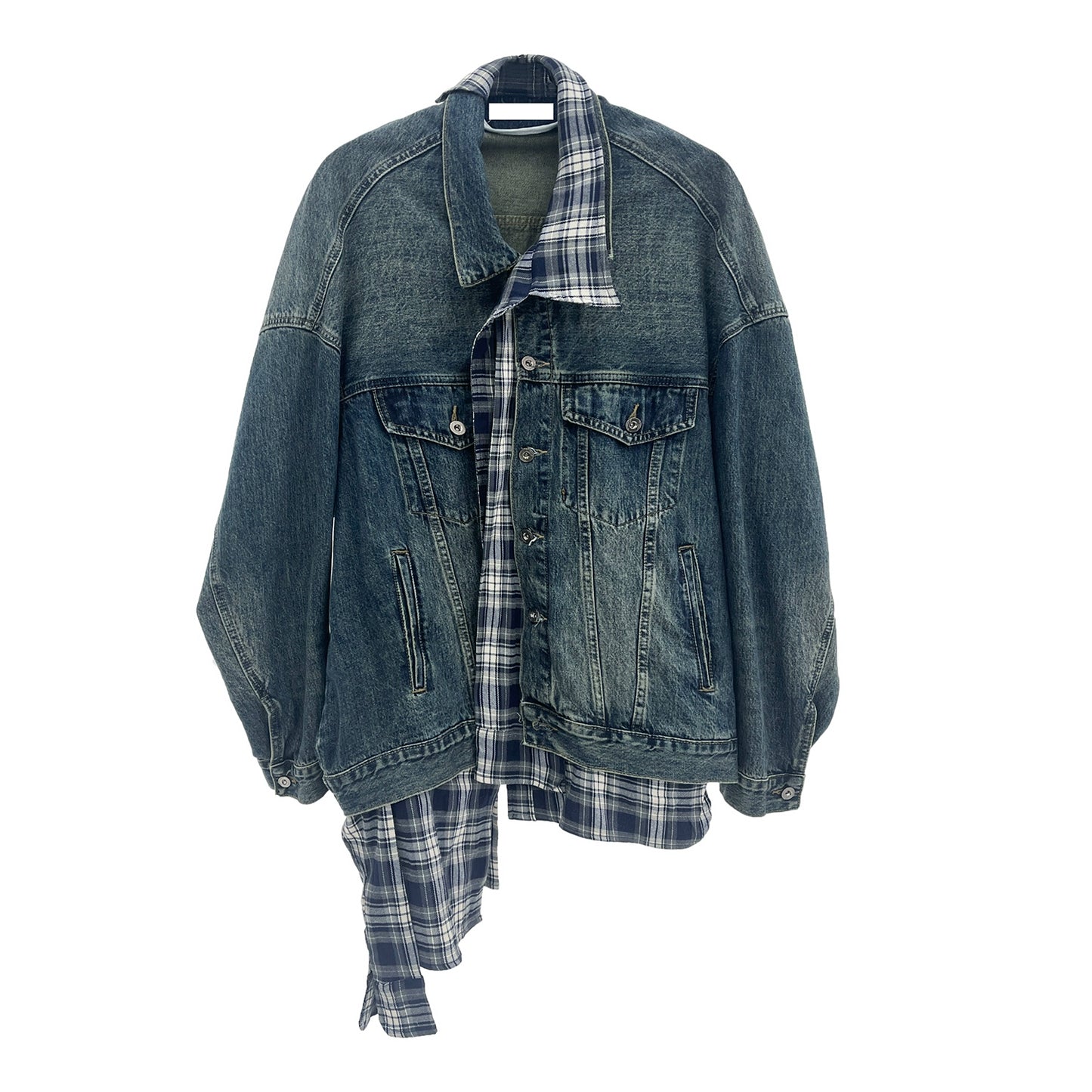 MICHINNYON design sense fake two-piece patchwork plaid shirt distressed jacket loose wash denim jacket