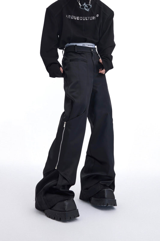 Cultur E24ss niche deconstructed heavy-duty zip-up loose-fitting slightly flared trousers with glossy panels draped slacks