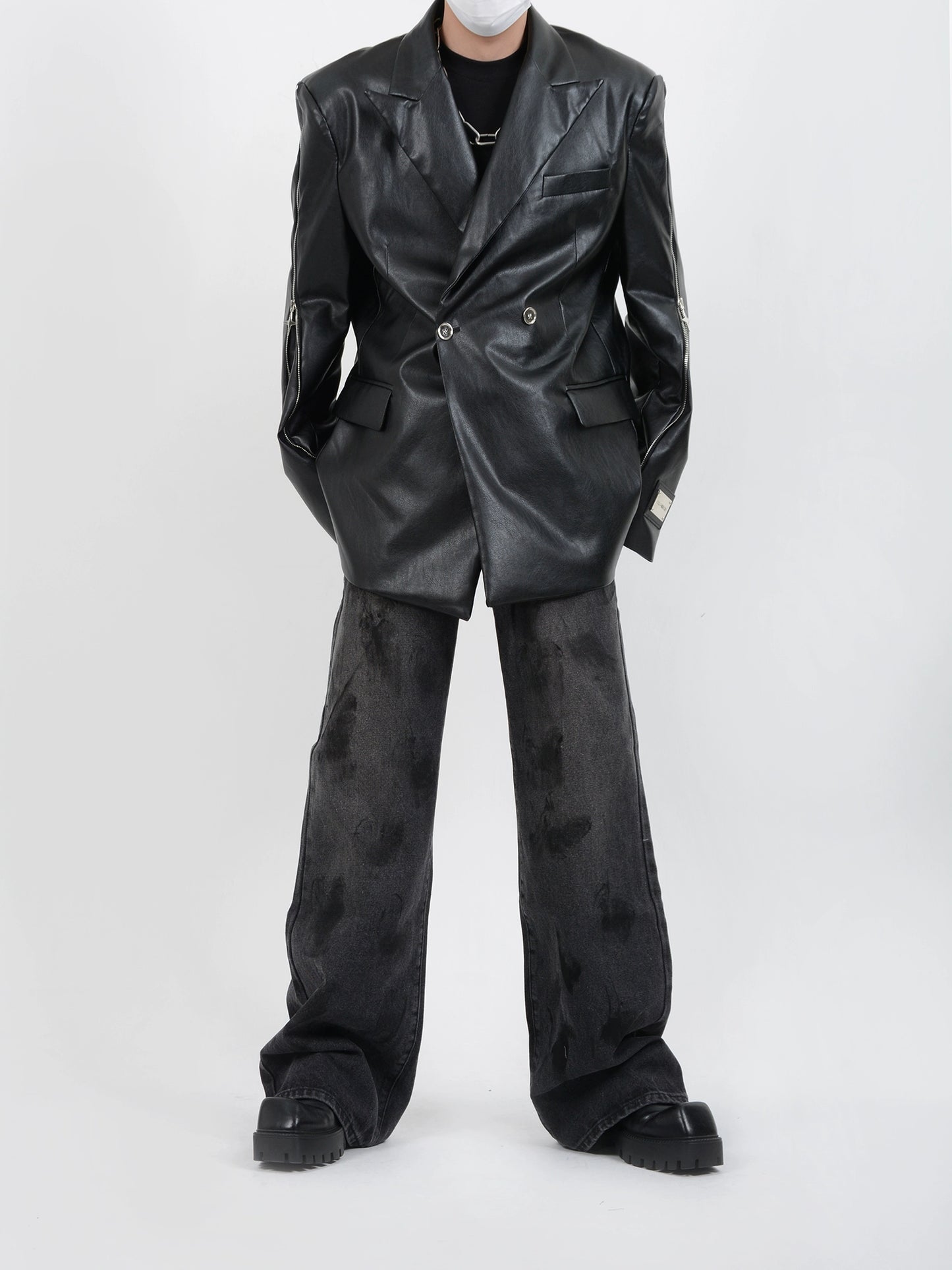 LUCE GARMENT Niche Design Sense Metal Zipper Padded Shoulder Leather Blazer Blazer Men's Premium Silhouette Suit
