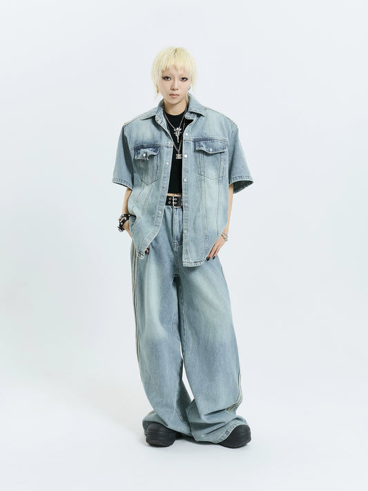 MICHINNYON side three-bar panelled striped wash loose wide-leg men's and women's casual vintage denim suits
