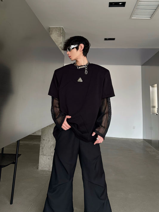MARTHENAUT NICHE DECONSTRUCTED DESIGN SENSITIZED PLEATED METALLIC PADDED SHOULDERS LONG SLEEVES RETICULATED PANELLED T-SHIRT TREND TOP