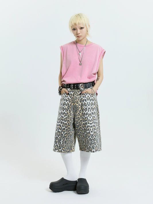 MICHINNYON American vintage wide-leg leopard print denim shorts are loose niche design sense premium pants