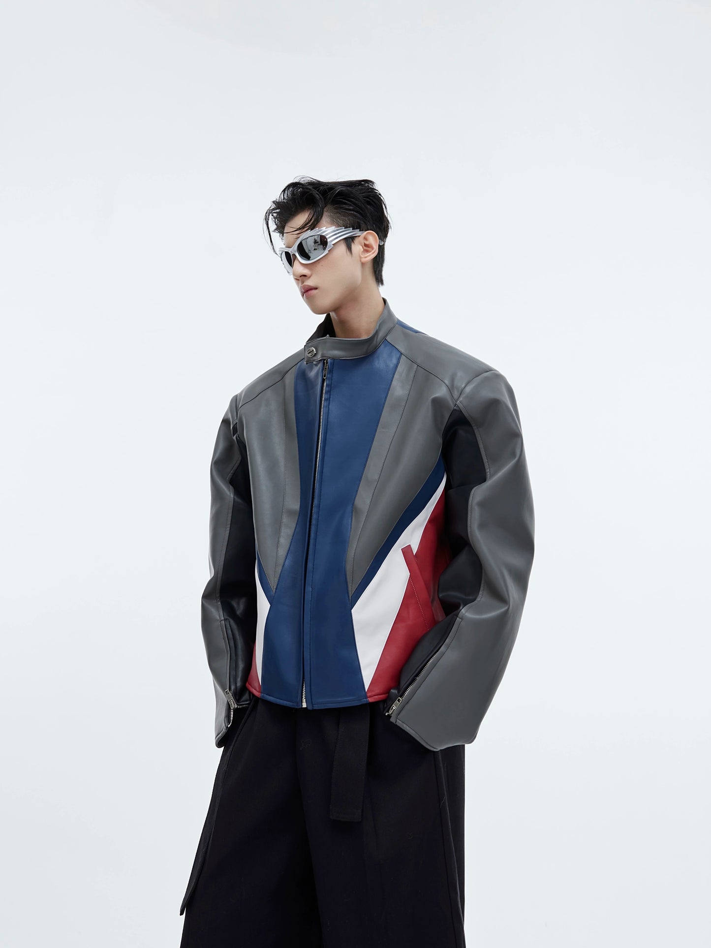 Cultur E24ss spring style niche deconstructed stitching contrasting biker suit PU leather padded shoulder silhouette jacket jacket