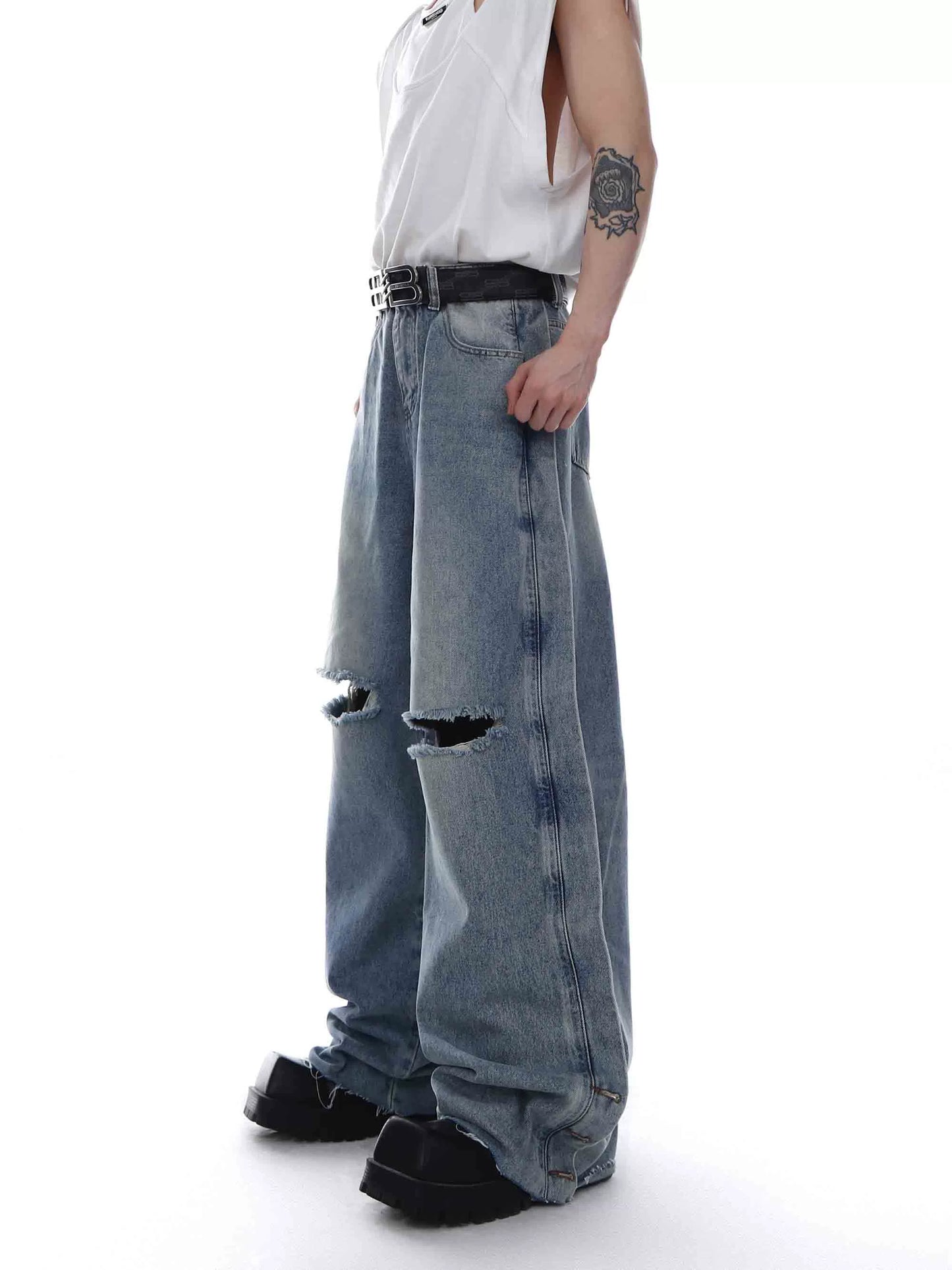 CulturE original niche washed gradient jeans heavy industry retro damage design sense straight pants casual pants