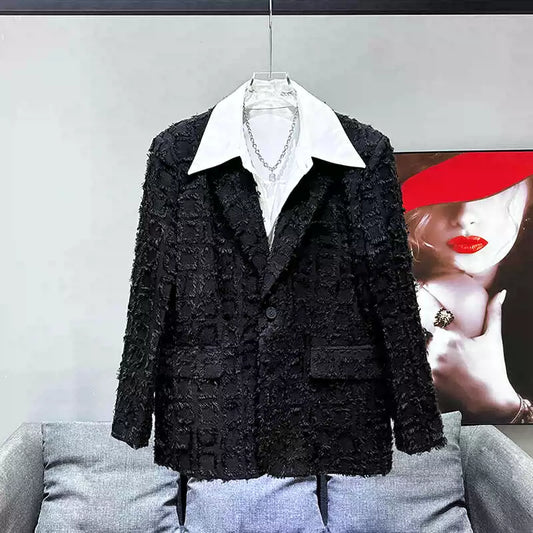 2024 Spring New Character Tassel Design Black Blazer Men's Small Fragrance Loose Western Suit Top