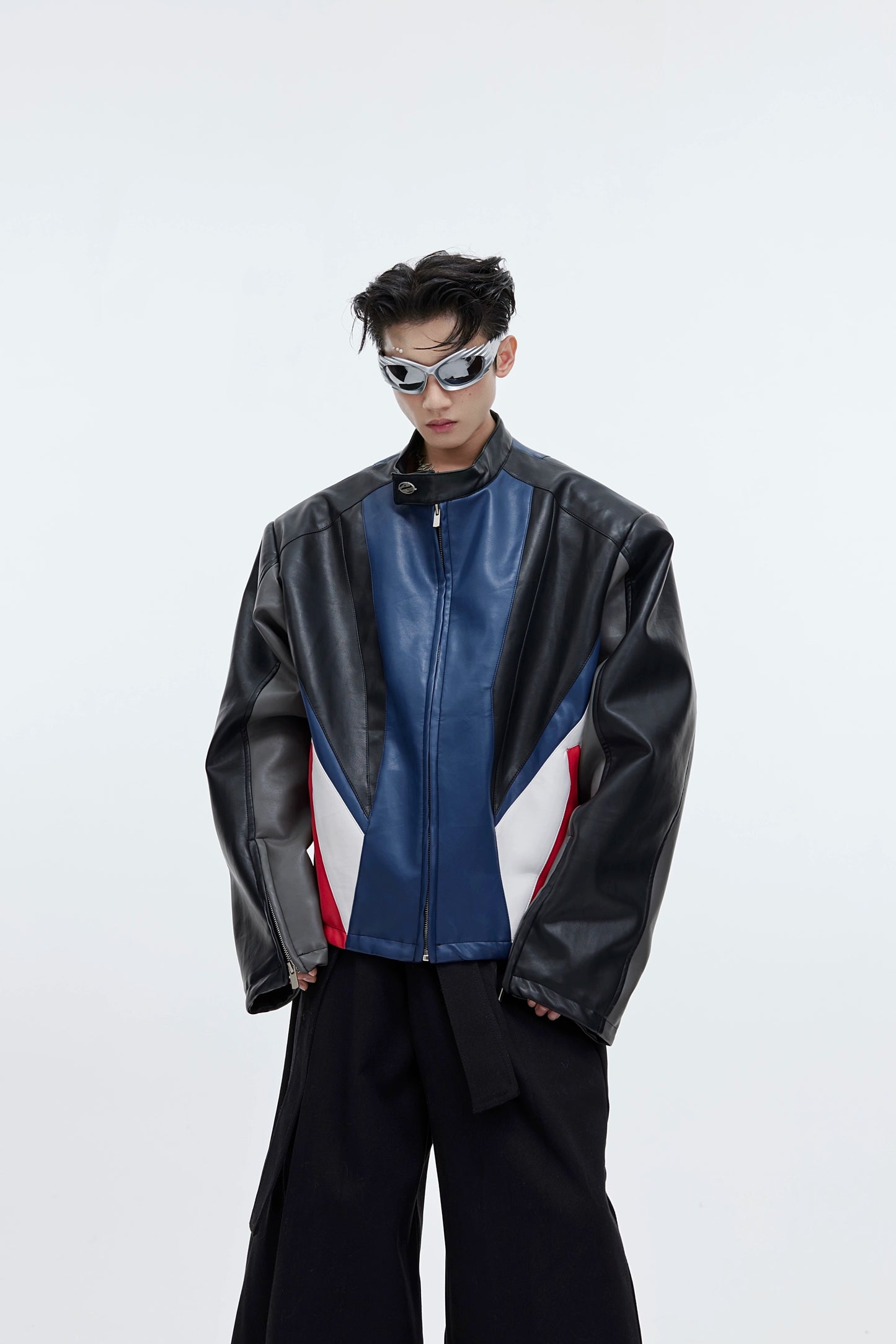Cultur E24ss spring style niche deconstructed stitching contrasting biker suit PU leather padded shoulder silhouette jacket jacket