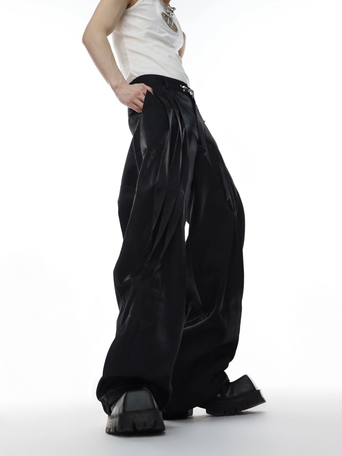 CulturE's original niche three-dimensional split streamer slacks, metal button design, straight leg pants, high-waisted trousers
