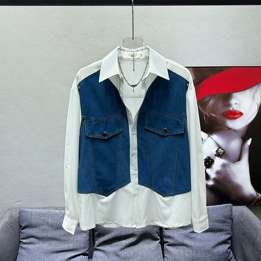 2024 New Design Sense Niche Loose Casual Denim Stitching Fake Two Shirt Spring White Long Sleeve Top