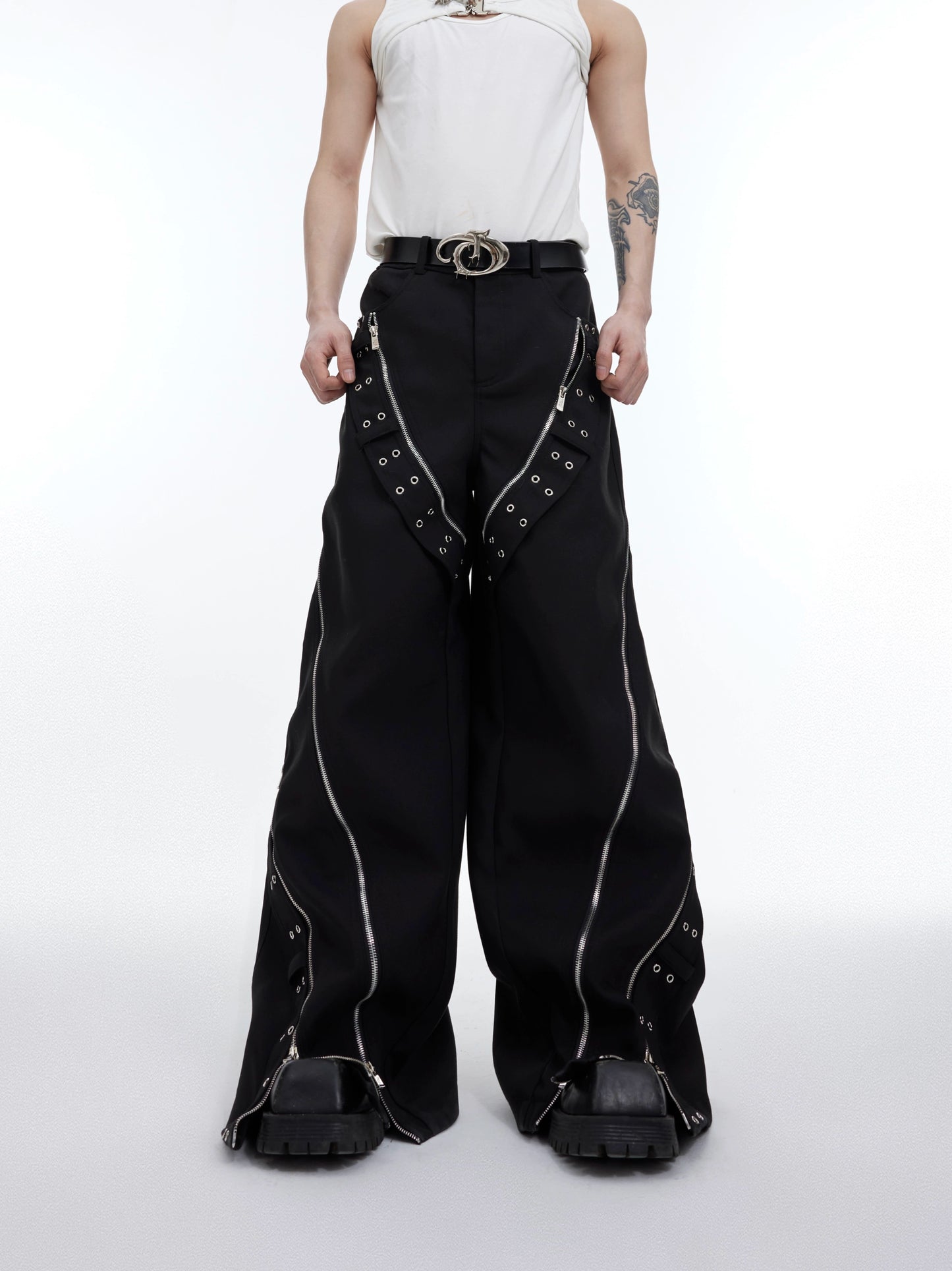 Cultur E24ss heavyweight niche deconstructed metal zipper design sense wide-leg pants loose drape slacks men