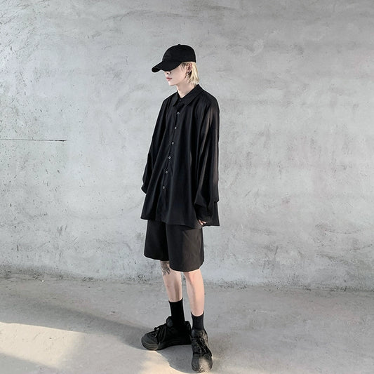 Mr. Black dark sub-style solid color loose fall oversize shirt men and women ins retro shirt tide