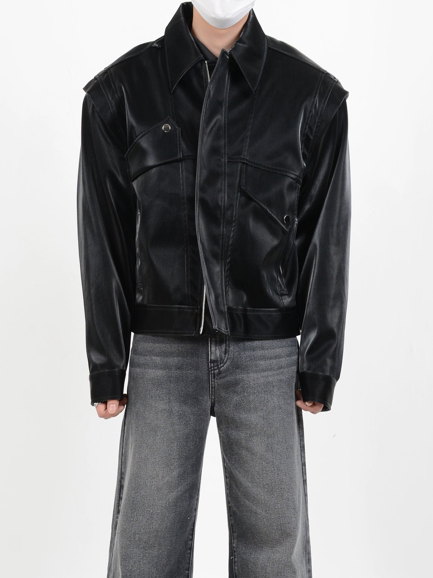 LUCE GARMENT Niche Deconstructed Liquid Pu Leather Padded Shoulder Jacket Men's Loose Premium Metallic Design Jacket
