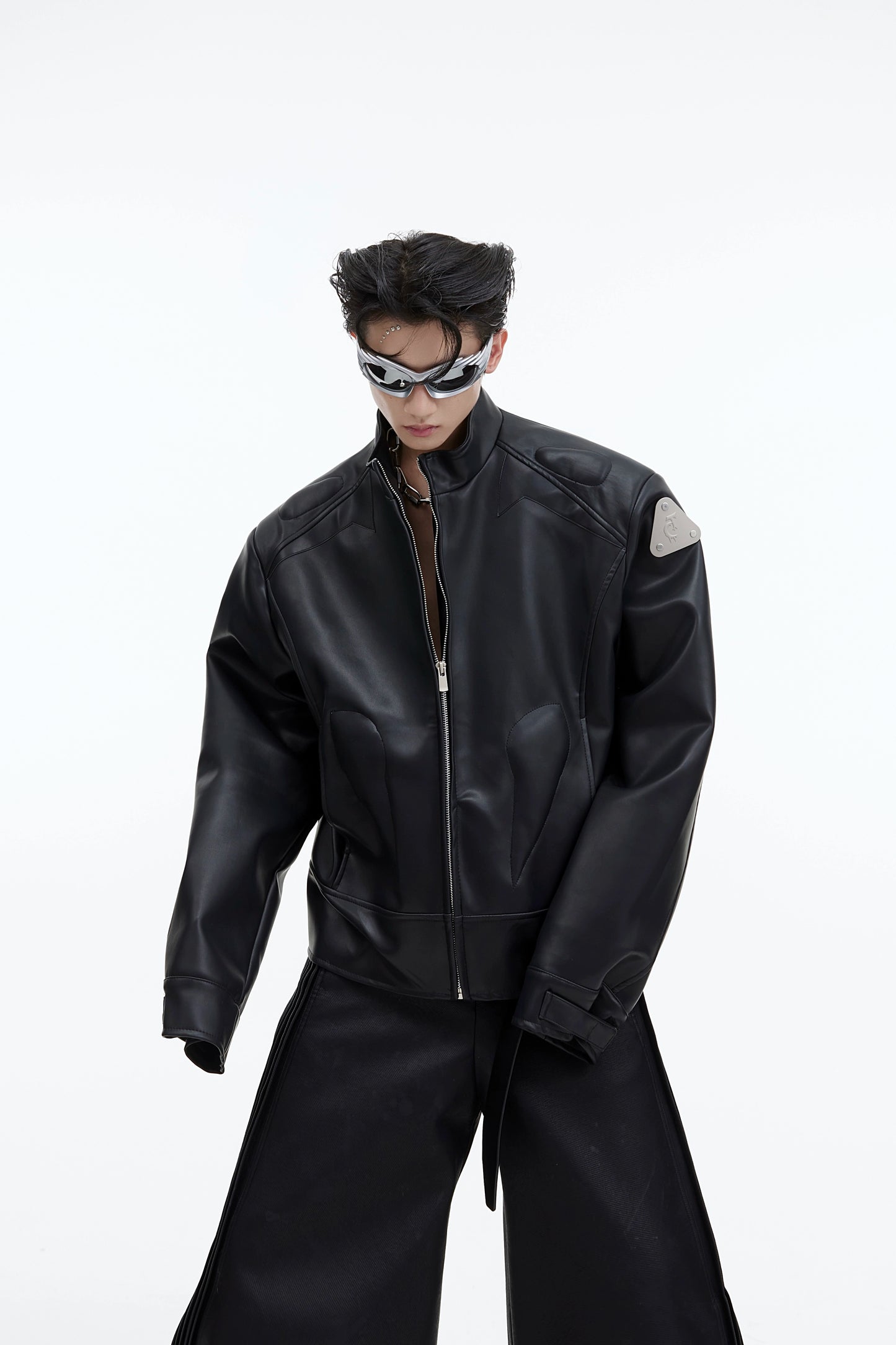 CulturE niche three-dimensional deconstructed cropped leather jacket metal logo graphic design sense jacket men