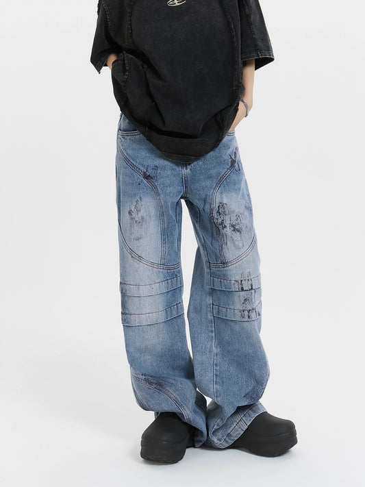MICHINNYON niche design sense wipe dirt splitting function can destroy the deconstruction of wide-leg washed jeans for men and women