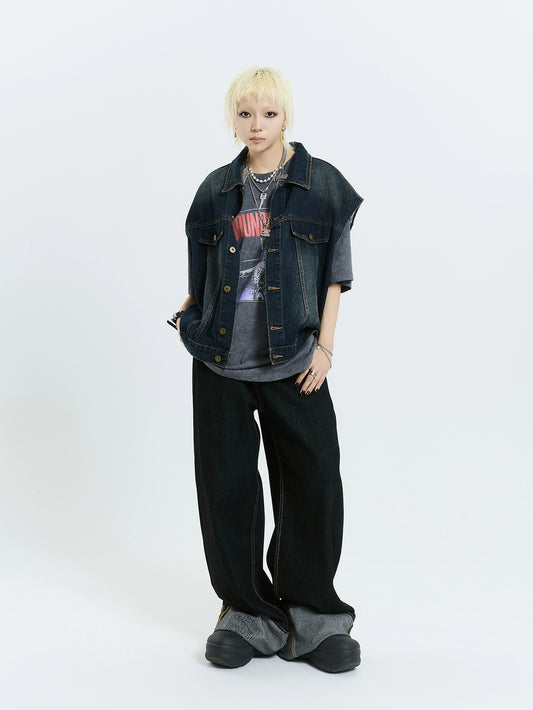 MICHINNYON Loose Straight-leg casual wide-leg jeans, cuff cuffs, printed, washed high street trousers