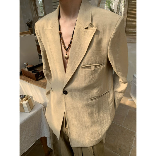 White mouth yang [yellowed letterhead] new Chinese side streamer wrinkled linen fabric suit casual, loose and versatile suit
