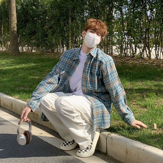 Baikouyang [Lotus Peach] Youthful lazy wind sanded plaid shirt commuting casual loose shirt man