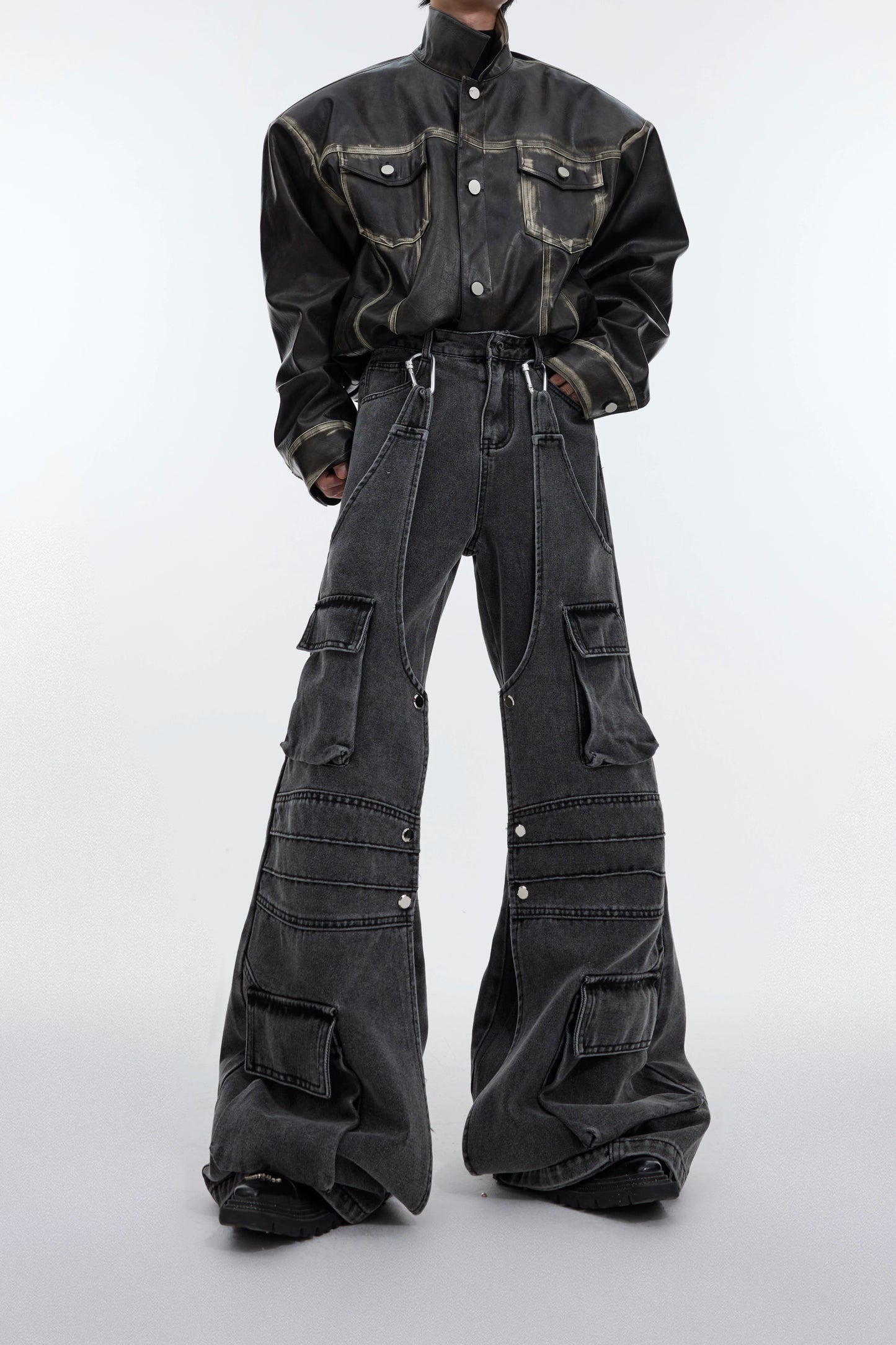 CulturE Heavyweight Niche Deconstructed Large Pocket Design Jeans Retro Distressed Loose Wide Leg Trousers Men