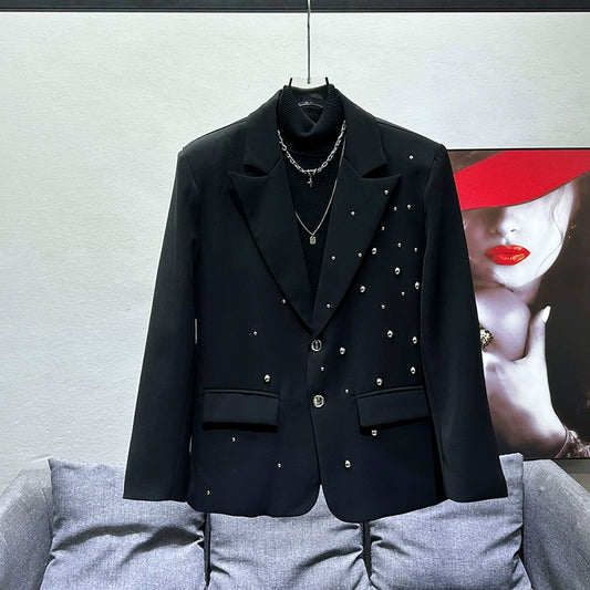 2024 Spring Black Suit Male Starry Sky Rivet Design Sense Trendy Brand Jacket Men's Korean Version Padded Shoulder Hairstylist Suit