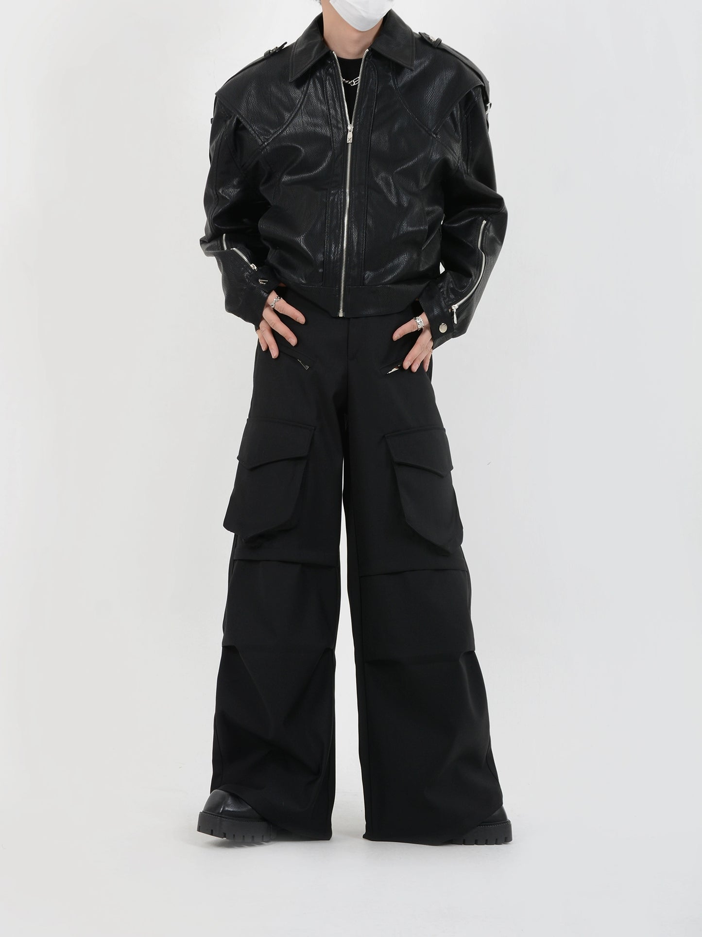 LUCE GARMENT niche deconstructed padded shoulders pu leather jacket men's design sense loose casual retro jacket trend