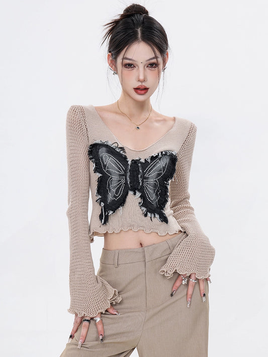 ABWEAER American Vintage Dopamine Babes Knitwear Women's Butterfly Denim Patch Embroidered Bell Sleeve Top