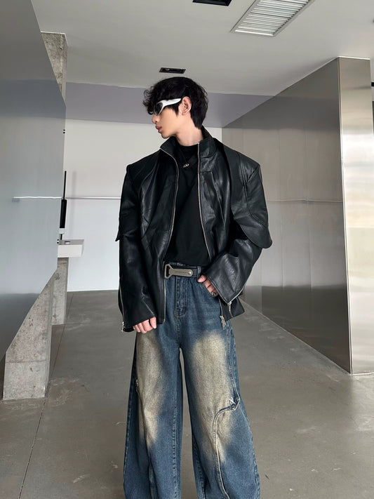 MARTHENAUT Niche Design Deconstruction Fake Two Irregular Leather Jacket Solid Color Versatile Pu Leather Jacket