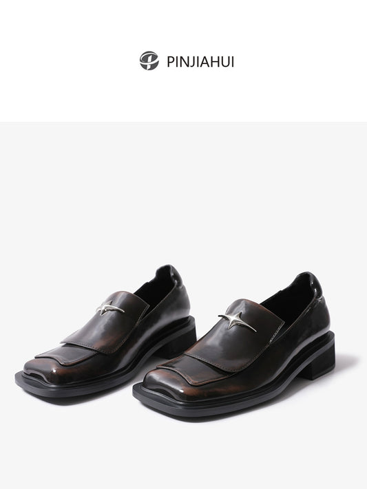 Pinjiahui original square toe rubbed platform loafers, block heel, slip-on casual derby shoes, small leather shoes