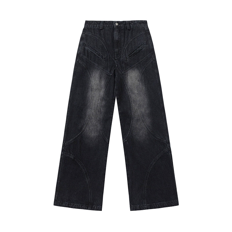 MICHINNYON American Vintage Polished Wash Casual Patchwork Wide Leg Black Straight Leg Men's & Women's Jeans New