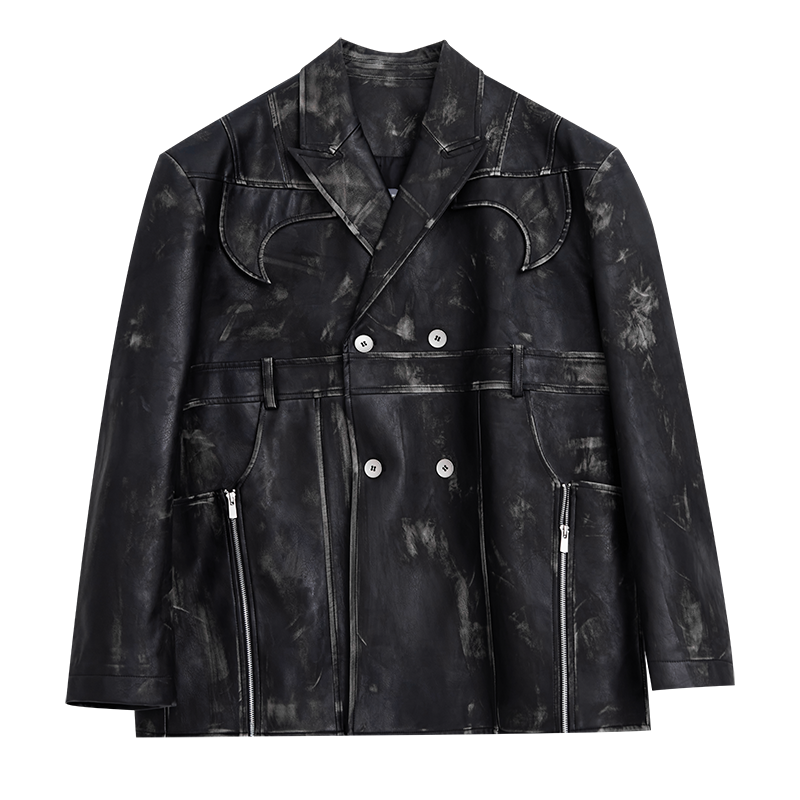 CulturE24ss Blockbuster Niche Deconstructed Vintage Distressed PU Leather Suit Jacket Silhouette Padded Shoulders Suit Men