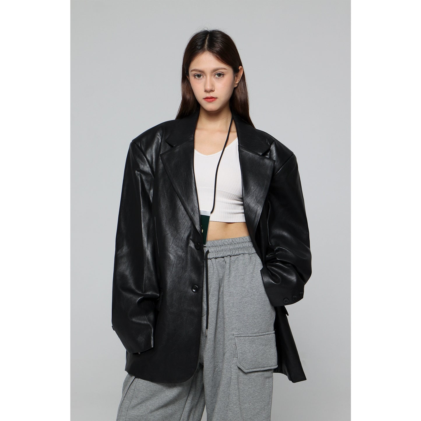 BOOGOOVOGUE early spring genderless wear with shoulder pads outline fashionable leather jacket ruffian handsome leather suit jacket