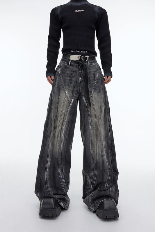 CulturE heavyweight vintage distressed wide-leg loose jeans niche hand-painted design sense slacks high-waisted pants