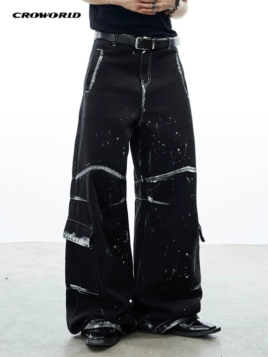 CROWORLD hand-painted print wide-leg loose straight-leg pants with a niche design sense cargo pocket casual pants
