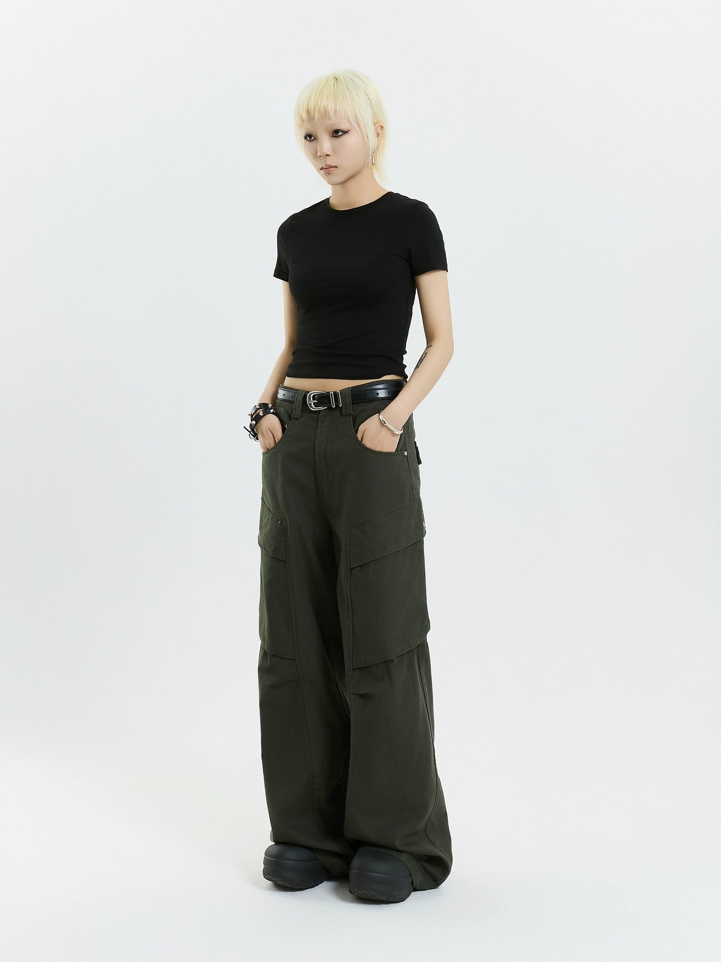 MICHINNYON American retro deconstructed design cargo pants casual loose pleated straight drape pants
