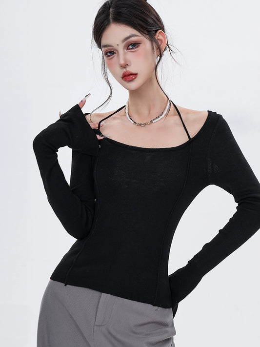 ABWEAR hot girl halterneck straight shoulder black knit sweater cinched waist slim long sleeve T sleeve spring slim base layer