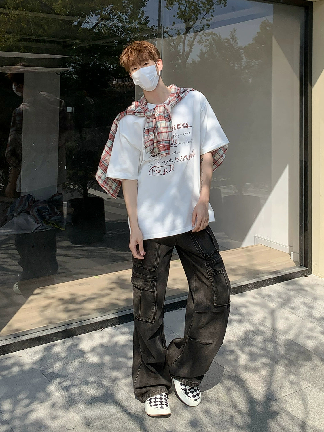 White mouth yang [Colosseum] retro distressed washed multi-pocket jeans  casual straight cannonball pants men